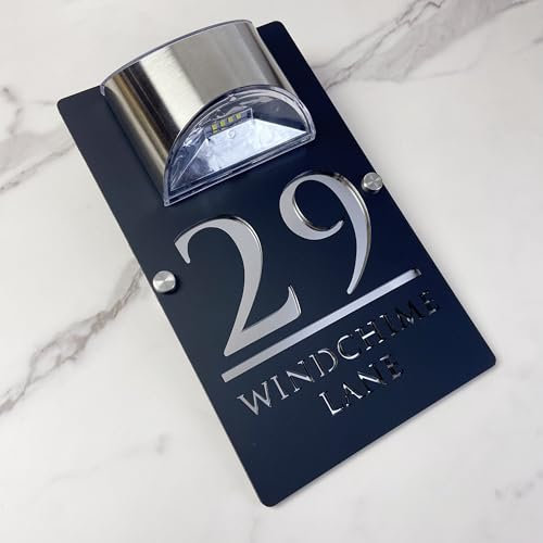 Personnalised Solar Powered Door Number Sign, Modern Laser-Cut 3D Address Plaque, Waterproof Outdoor Address Sign, for Homes, Apartments, Hotels (Noir Silver)