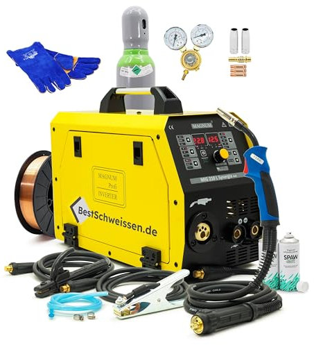 Saldatrice a Filo Continuo MAGNUM MIG 210L Saldatrice Elettrodo 200A Inverter MIG/MAG/MMA Synergia 4x4 No Gas FLUX Professionale + Bombola Argon 8L Filo 5kg Spray Kit Completo (Set1)