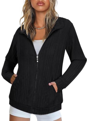 Womens Cardigans Ladies Oversized Hoodie Full Zip up Jackets for Women UK Solid Sweatshirts with Pockets Winter Coats Women Hoodies with Pockets 2025 Fall Fashion Outfits Clothes Black