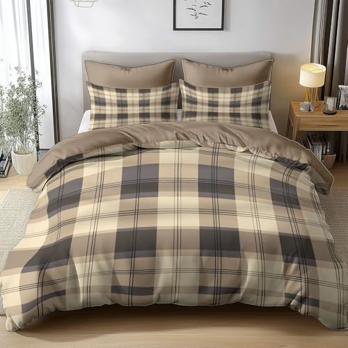 Générique Housse de Couette 240x260 cm Motif Carreaux 3 Pièce Parure de lit en Polyester Coton Housse de Couette pour lit Kingsize, avec 2 taies d'oreiller 65x65cm