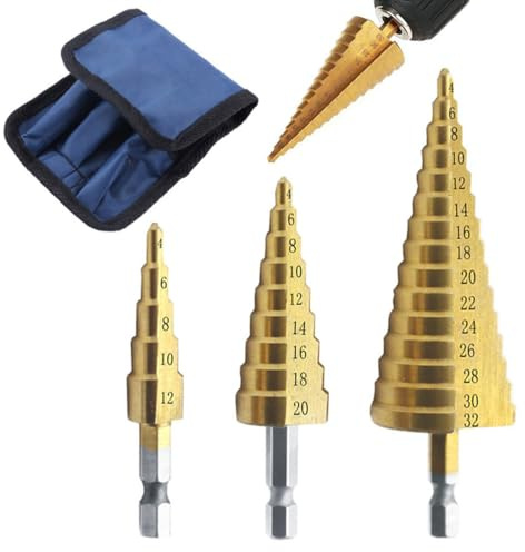 OUDQFCJ 3 Pezzi Fresa Conica Trapano a Gradini,Fresa Conica per Metallo,Punte Coniche,Trapano in Titanio,Punte a Gradino con Gambo Esagonale,per Legno, Metallo, Plastica, Alluminio