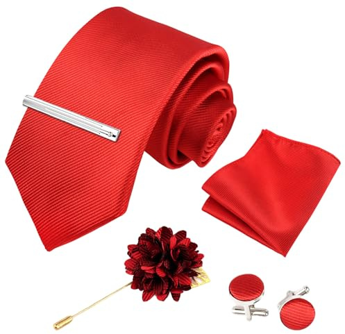 Xynovate Cravatta Uomo Elegante Set, Cravatta da Uomo in Twill con Design in Tinta Unita con Gemelli Pocket Square, Fermacravatta e Spilla Floreale per Feste, Business, Matrimoni