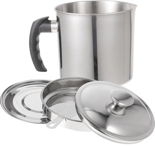 Beavorty Colador de Aceite de Cocina 1.8l Acero Inoxidable 304 Tapa y Mango Antideslizante, Recipiente Filtro de Grasa para Hogar, Lata Coladora para Almacenamiento y Separación de Aceite