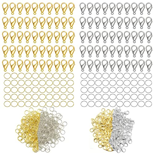 700 Pieces Lobster Clasps and Open Jump Rings Set, 200 Pcs 12mm Lobster Claw Clasps Necklace Fasteners Hook and 500 Pcs 5 mm Jump Rings for DIY Bracelet Necklace Jewelry Making, Gold & Silver
