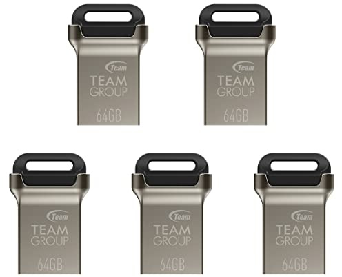 TEAMGROUP C162 - Paquete de 5 unidades de 64 GB USB 3.2 Gen 1 USB 3.1/3.0 Mini compatible con lectura de metal de 100 MB/s, unidad flash de pulgar externo de almacenamiento de datos compatible con