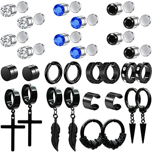 KWUNCCI Magnetic Earrings - 15 Pairs Clip On Studs for Men & Women, Non-Pierced Fake Earrings - Black Cross Hoop Dangle Design