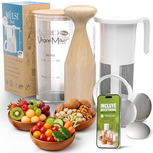 Vegan Milker Pflanzenmilchbereiter Maker – Pflanzenmilch Machine Mandelmilch, Sojamilch | 1L in 1 Minute 100% Natürlich mit 3 Filter | Kompatibel mit Stabmixer | Rezeptbuch enthalten | Mülsi Soul