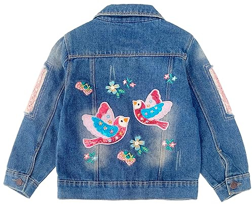 Peacolate Chaqueta de mezclilla bordada de primavera y otoño para niñas pequeñas y grandes de 3-10 años, Pájaro, 10-11 Years
