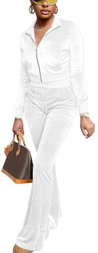 FIVCAT Conjunto deportivo de terciopelo para mujer, 2 piezas, chándal, manga larga, con cremallera, pantalones acampanados, bonito traje casual a juego, Blanco, M