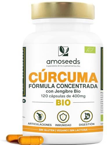 Cúrcuma BIO Alta Concentración con Jengibre | 800mg / día | Curcumina Alta Absorción | 100% Orgánica, Sin Pimienta Negra | 120 Cápsulas | Articulaciones | Primera Calidad