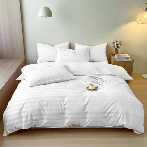 KEAYOO Satin Bettwäsche mit Streifen - aus Baumwolle Weich, atmungsaktiv und mit Reißverschluss (Weiß, 155x220cm+80x80cm)
