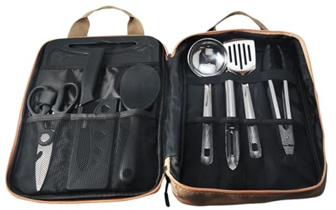 Set di utensili da cucina da campeggio, set di utensili da cucina, 8 pezzi, in acciaio inox, organizer portatile, set di utensili da cucina in metallo, per escursioni, cucina all'aperto