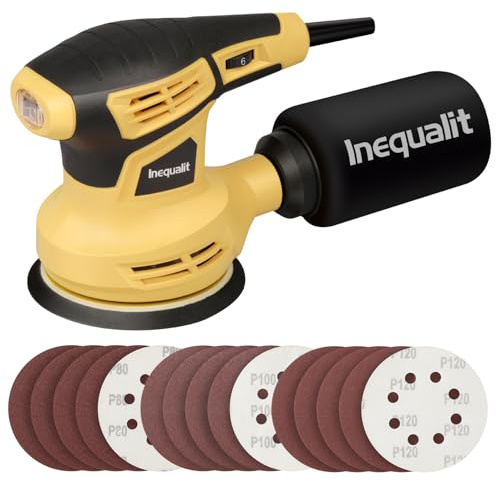 Inequalit Random Orbital Sander, 2.4Amp 5-Inch Corded Palm Sander, Max 13000 OPM Electric Drywall Sander with 6 Variable Speed, 15Pcs Sandpapers and Dust Bag for Woodworking Sanding Polishing