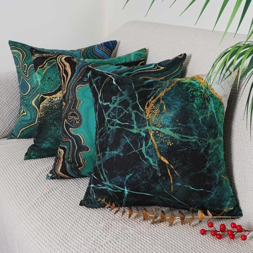Betadistor Green Cushion Covers Pack 4 18x18 Abstract Marble with Green, Blue, Gold Modern Decorative Throw Pillow Covers Pillowcases for Sofa Patio Home Decor, Marble, 507-0134
