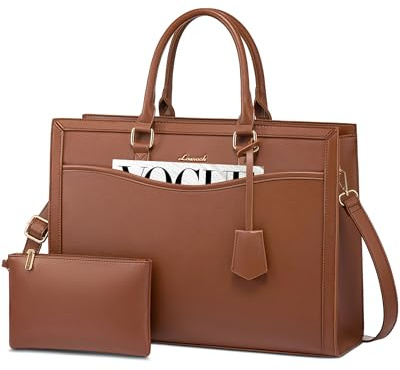LOVEVOOK Laptop Bags for Women 15.6 Inch, Large Ladies Work Tote with Compartment, Shoulder Water Resistant Leather Handbags, Shopping Bag for Office Business Casual, Brown
