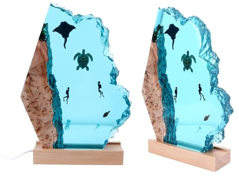 Resin Diver Fish LED Night Light, Bedside Lamp with Wood Base, USB Powered, Sea Diving Decoration