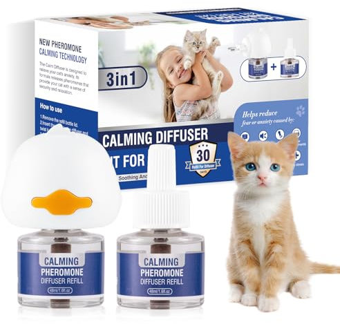 Pheromone Katzen Beruhigung Steckdose 3 In 1 FüR Cat Calming Diffuser Katze Anti Stress Beruhigendes Beruhigungsmittel Diffusor-Set Geschmacklos（1 StöPsel + 2 NachfüLlpackungen à 48 Ml）