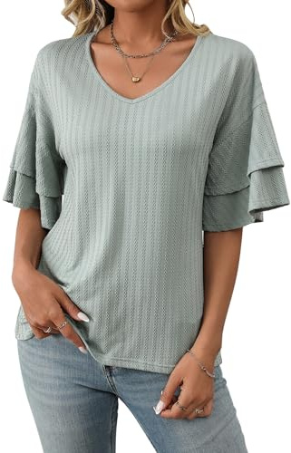 ASKSA Dam V-ringad T-shirt blusar och blusar kortärmad volangblus sommar topp dam chic och elegant, Färg: grön, L