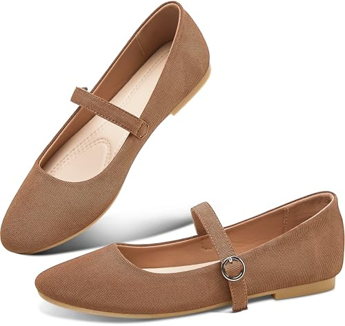 Obtaom Mary Jane Flat Shoes Round Toe Ballet Flats for Women Dressy Fabric Business Flats Comfortable Classic Strap Flats for Office(Brown,US9)