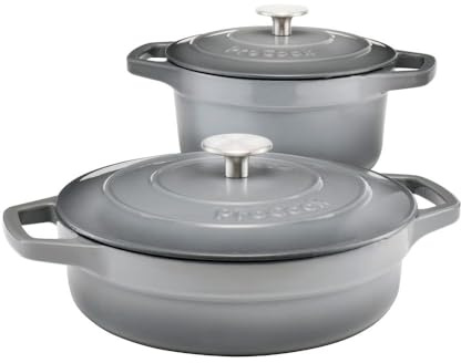ProCook Graduated Cast Iron Dutch Oven Set - 2 Piece, 20cm/24cm, Casserole Dishes with Lid - Grey, Durable Induction Compatible Cookware