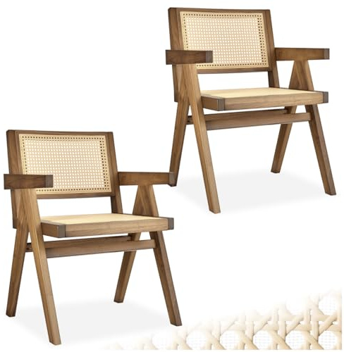 tectake® Sillón de Comedor con Reposabrazos, Ratán Vienés, Madera, Set 2 | Estilo Boho, Respaldo Ancho, Asiento Cómodo, Patas en A, Estructura Lacada, Carga 120 kg, Montaje Rápido, Roble Claro