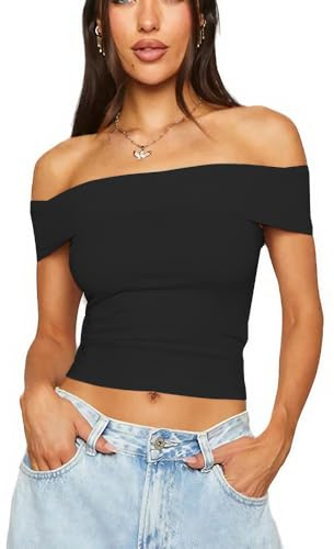 XFSRG Camisetas Manga Corta Mujer Hombros Sexy Verano Parte Superior de Tubo Y2k Classics Crop Top Básica(Negro/L)