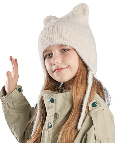 Kids Beanie Hat for Winter with Earfalp Children Cute Cat Ears Toddler Girls Boys Warm Wool Knit Ear Flap Cap Beige