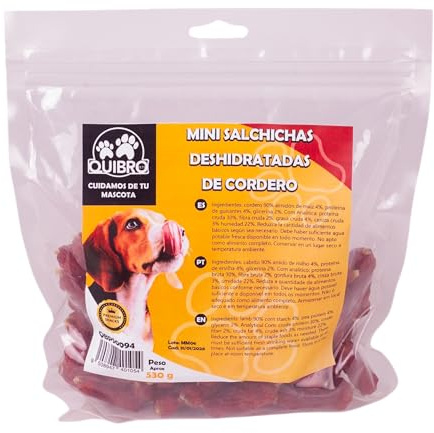Quibropets Mini Salchichas de Cordero - Chuches para Perros, Recompensas Naturales Sin Cereales, Snacks para Mascotas, Premios Deshidratados, 530g