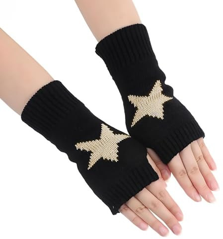 KASLCWA Mitaines sans Doigts en Forme D'étoile Imprimée, Chauffe Bras Tricotés avec Trou pour Les Pouces, Demi Doigts Gants, Impression D'étoiles Gants pour Femmes (Noir)