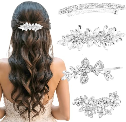 TESGADGETS 4 Fermagli per Capelli con Strass per Donne, Accessori per Capelli Floreali in Argento, Crystal Hair Pins Scintillanti, Accessori per Sposa, Matrimonio e Uso Quotidiano