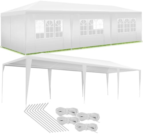 tectake® Carpa Desmontable, con 8 Paneles Laterales Desmontables, Protección a la Intemperie, Cenadores para Jardin, Playa, Cuerdas Tensoras y Piquetas, Carpas para Exteriores - 9x3 m Blanco