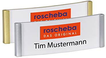 10 x Schmale (Magnet-) Namensschilder (Marke: roscheba®), 75 x 26 mm, Made in Germany, aus Kunststoff, gewölbt, mit Supermagnet (silber) - Staffelpreise - Namensschilder inkl. Papiereinlagen