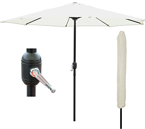 GlamHaus Garden Parasol Table Umbrella 2.7M with Crank Handle for Outdoors, UV40 Protection, Includes Protection Cover, Gardens and Patios - Robust Steel (Cream Ivory)