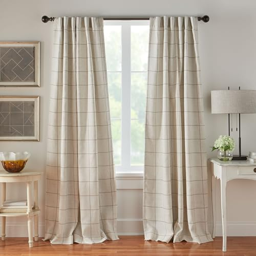 Elrene Home Fashions Brighton Windowpane Plaid Blackout Window Curtain, Living Room and Bedroom Drape with Rod Pocket Tabs, 52 x 84, Linen, 1 Panel