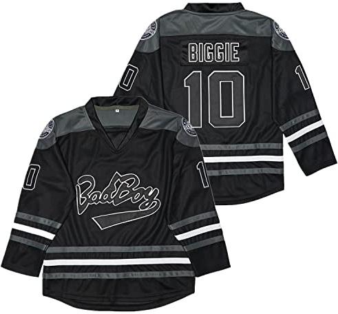 Kynkow Men's #10 Biggie Smalls Bad Boy 90S Hip Hop Long Sleeve Black Notorious Hockey Jersey, Black, XL