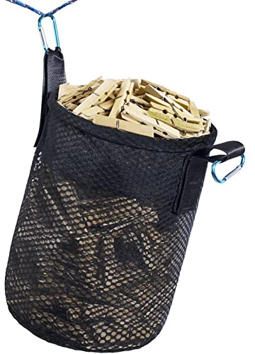 KOOZTI Mesh Clothespin Bag Holder Outside, Multiple Hanging Methods Clothes Pin Bag with Drawstring Closure, Ventilation and Moisture Resistance, Large-Capacity Clothespin Storage Organizer with Hooks