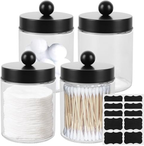 APACALI 4 Stück Wattepadspender, Glas Wattestäbchen Behälter, Runde Wattepads Aufbewahrung Behälter mit Matt-Schwarz Edelstahldeckeln, Kleine Wattepadspender für Schminktisch