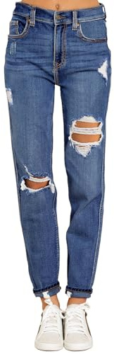 Roskiky Jean boyfriend stretch, jean élastique pour femme, jean taille haute déchiré, jean délavé, jean mom, pantalon slim en denim, XL