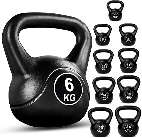 FK Sports Kettlebells Set| Heavy Weight Vinyl Kettle bells for Exercise Home Gym Workout | 4kg, 6kg, 8kg, 10kg, 12kg, 14kg, 16kg, 20kg, 24kg Kettlebell Weight for Women & Men (Black, 6 KG)