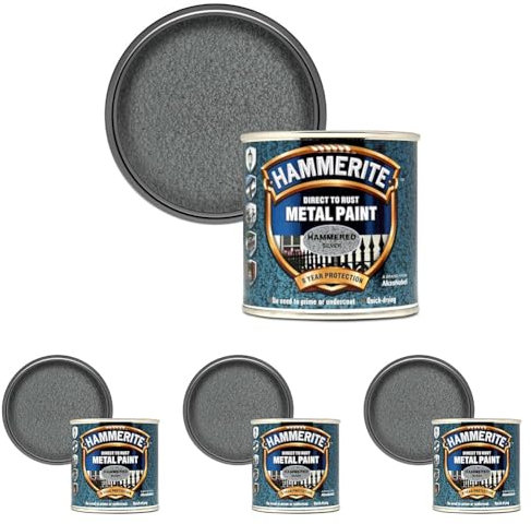 Hammerite Direct to Rust Metal Paint - Hammered Silver Finish 250ML (Pack of 4)