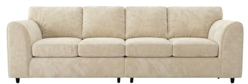 Gamzo 4 Seater Sofa with Plush Velvet Fabric – Stylish Durable Wooden Frame, Full Back Seating, Comfort Cushions & Smooth Curved Arms | Elegant Couch for Living Room (Cream)