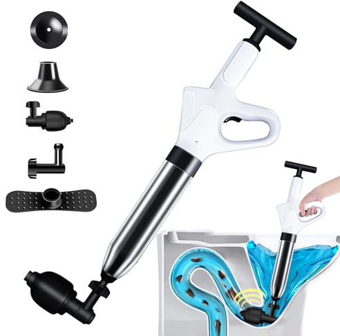 Rohrreiniger Druckluft,Toiletten Pömpel Abflussreiniger Pumpe mit Luftdruckanzeige,Pressluft Rohrreiniger mit 4 Adapter,Hochdruck Toilettenkolben für Waschbecken,Bodenablauf,Rohrverstopfung (Weiß)