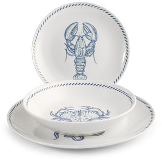 H&H – Vajilla de 18 piezas Ocean, porcelana decorada con forma coupe, apta para microondas y lavavajillas