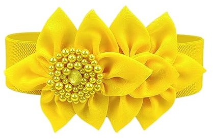 Anevous - Ceinture élastique pour femme, largeur 6 cm, avec fleur, à la mode et douce, ceinture taille, grand fleur, ceinture réglable pour femme, 62 cm,, Jaune, 62
