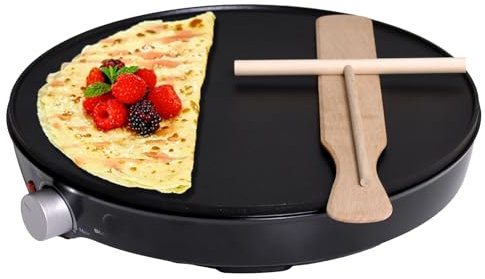 SUPERLEX Crepé eléctrica, creador de panqueques – Sartén antiadherente de 30 cm (12) con pantalla LED y control de temperatura, incluye espátula de madera y distribuidor de masa