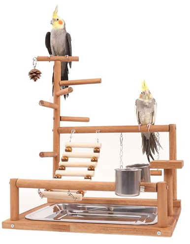Honicemar Aves Juego Stand - Bird Playground Puesto de Madera para Loros Aves Stand con Percha Escalera Columpio Comedero Bandeja y Juguetes de Gimnasio de Ejercicios para Pájaros Pequeños y Medianos