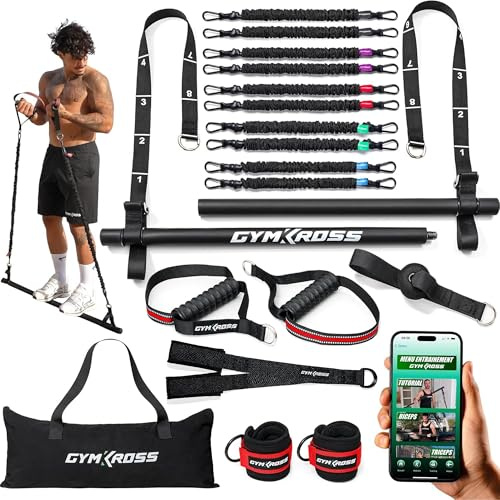 GYMKROSS – Kit Elastique Musculation Complet Professionnel 10 Bandes de Résistance 200 kg Sécurisées + Barre Renforcée – Élastique Musculation/Fitness/Crossfit/Sport Maison & Extérieur, App Incluse