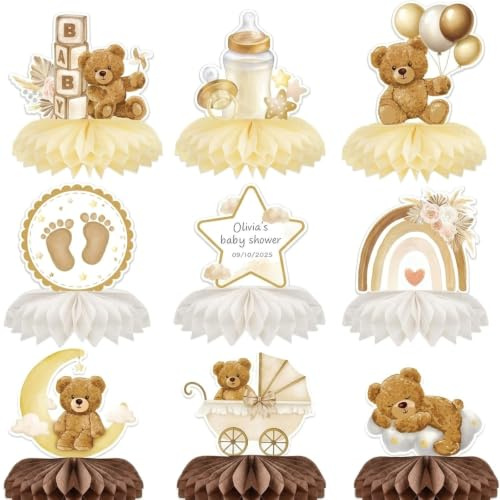 Aiyraa 9pcs Brown Baby Shower Table Decorations Neutral | Teddy Bear Theme Honeycomb Centerpieces, Gender Reveal Party Supplies, Baby Shower Individual Table Topper for Boys and Girls