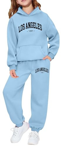 Kids Tracksuit Full Set Girls Hoodie Sweatshirt and Jogger Pants Outfits Sets for Teenage Girls Spring Winter Fashion Cute School Casual Jogging Streetwear Age 2-14 Years (13-14 Years, Sky Blue)