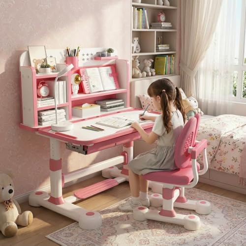 Autrfso Barnskrivbord och stolsset, funktionellt barnskrivbord och stolsset med 50° lutningsbart skrivbordsblad, förvaringslåda och bokhyllor, höjdjusterbara studieskrivbord för barn 6–12 år